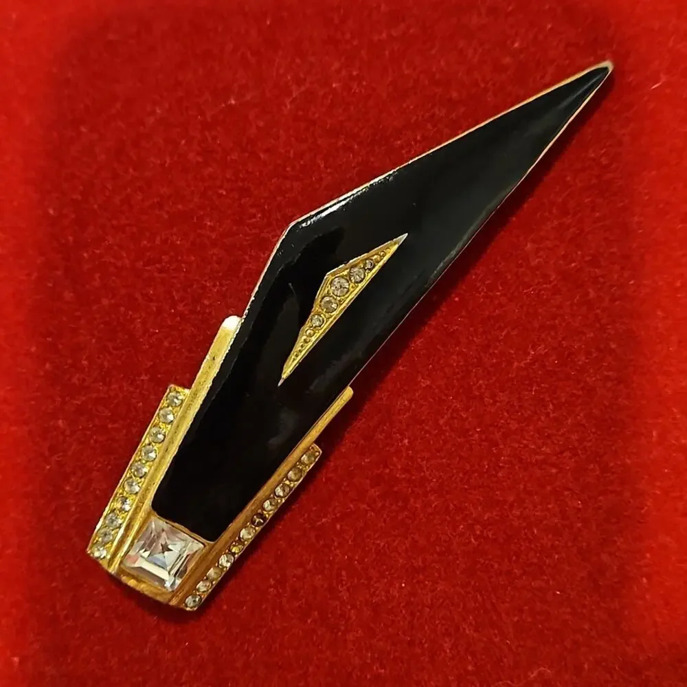 Vintage Art Deco Style Black Enamel and Rhinestone Pin